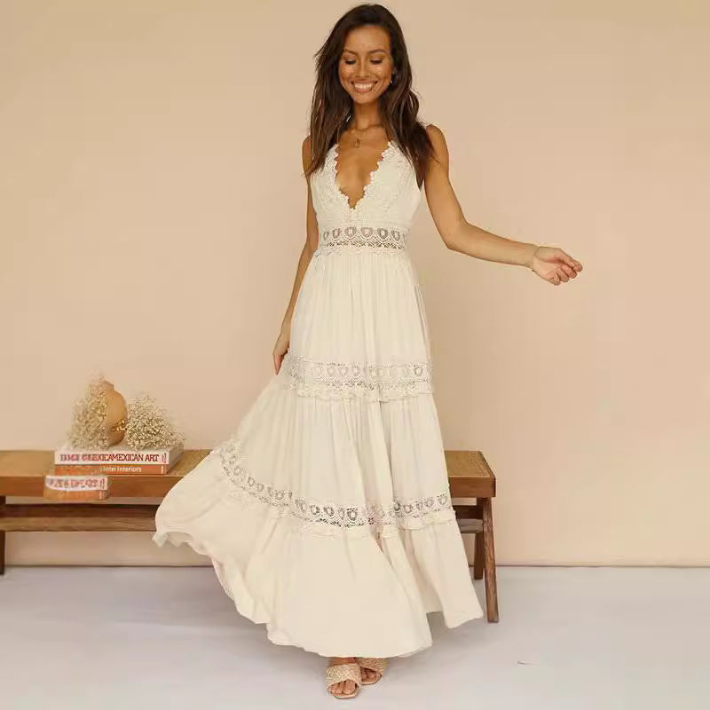 Ladies Elegant Maxi Dress with Deep V-Neck and Playful Crochet Applications Lisslune