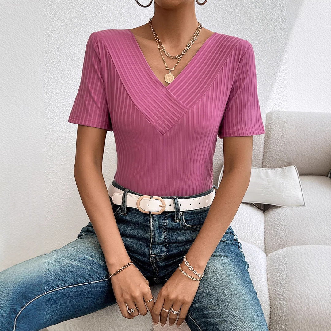 Women's casual V-neck shirt with flowing design and short sleeves Lisslune