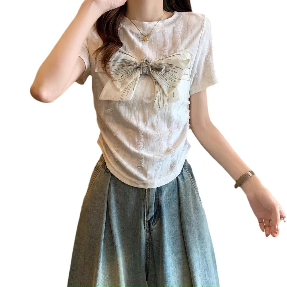 Women's short sleeve shirt with decorative bow detail
