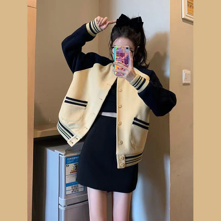 Women's Fashion Oversized College Jacket with Button Closure and Contrast Stripes Lisslune