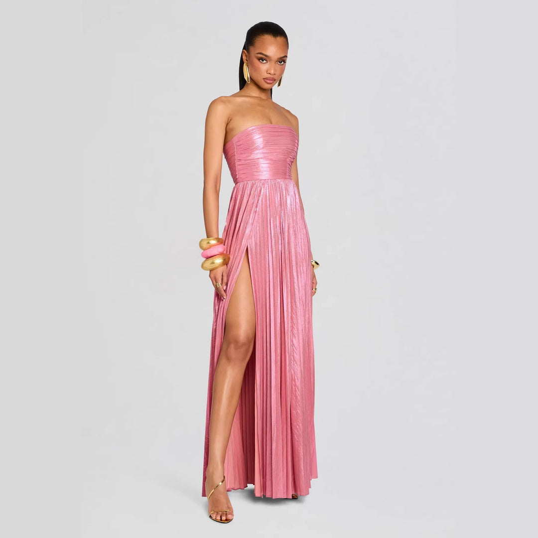 Women's Glamorous Evening Dress with High Slit and Pleated Details Lune London