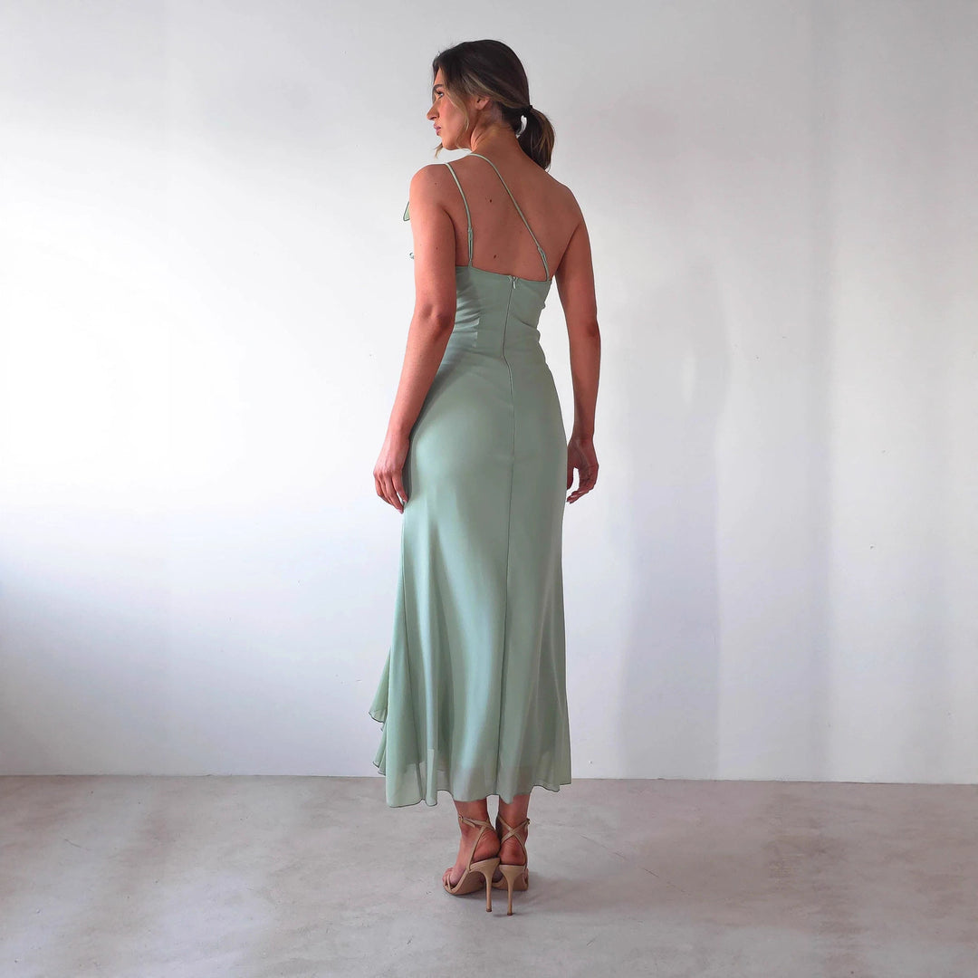 Women Elegant Ruffle Maxi Dress in the Style of a Side with High Slit Lune London
