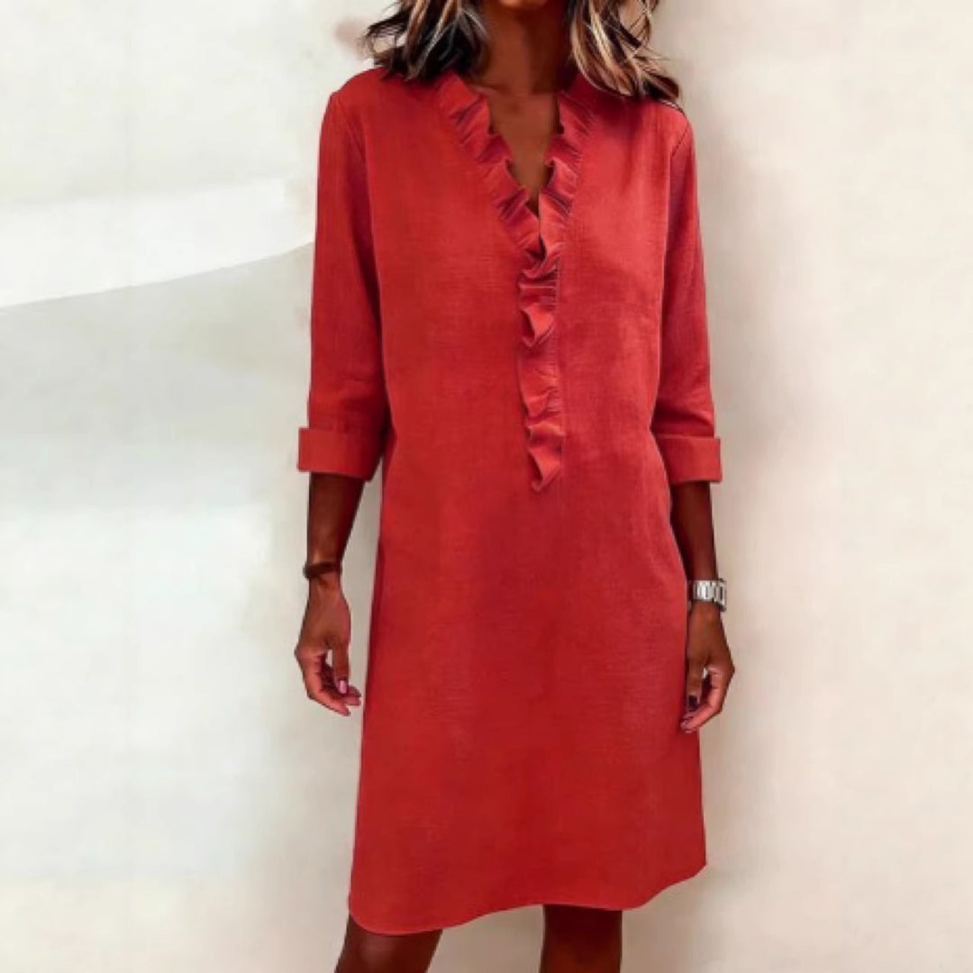 Damen Freizeitkleid mit Rüschen und V-Ausschnitt Lisslune