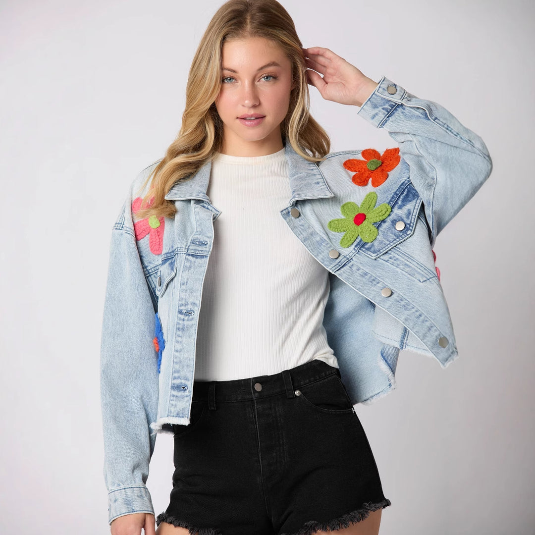 Women's cropped denim jacket with colorful football patches and casual cut Lisslune