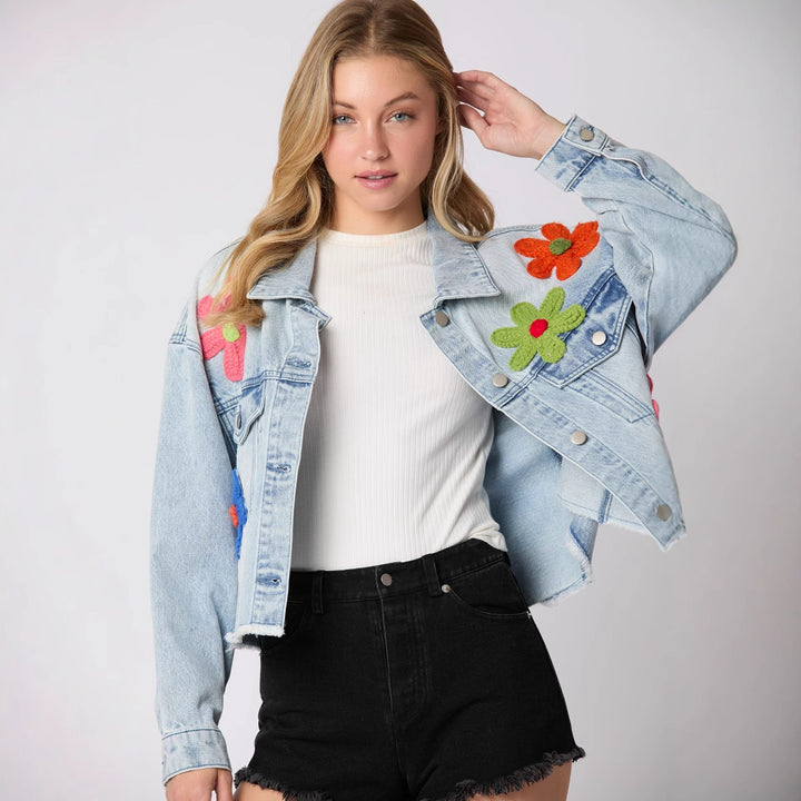 Women's cropped denim jacket with colorful football patches and casual cut Lisslune