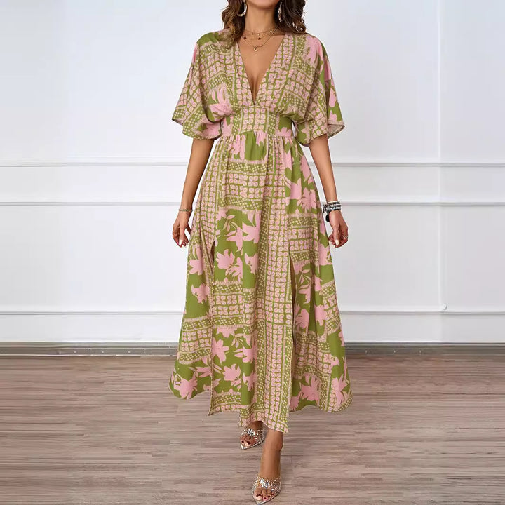 Ladies airy maxi dress with deep V-neckline and elegant ruffles