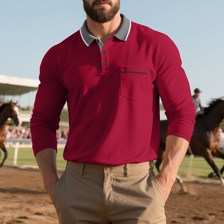 Men's Long Sleeve Polo Shirt with Fashionable Collar and Chest Pocket Lisslune