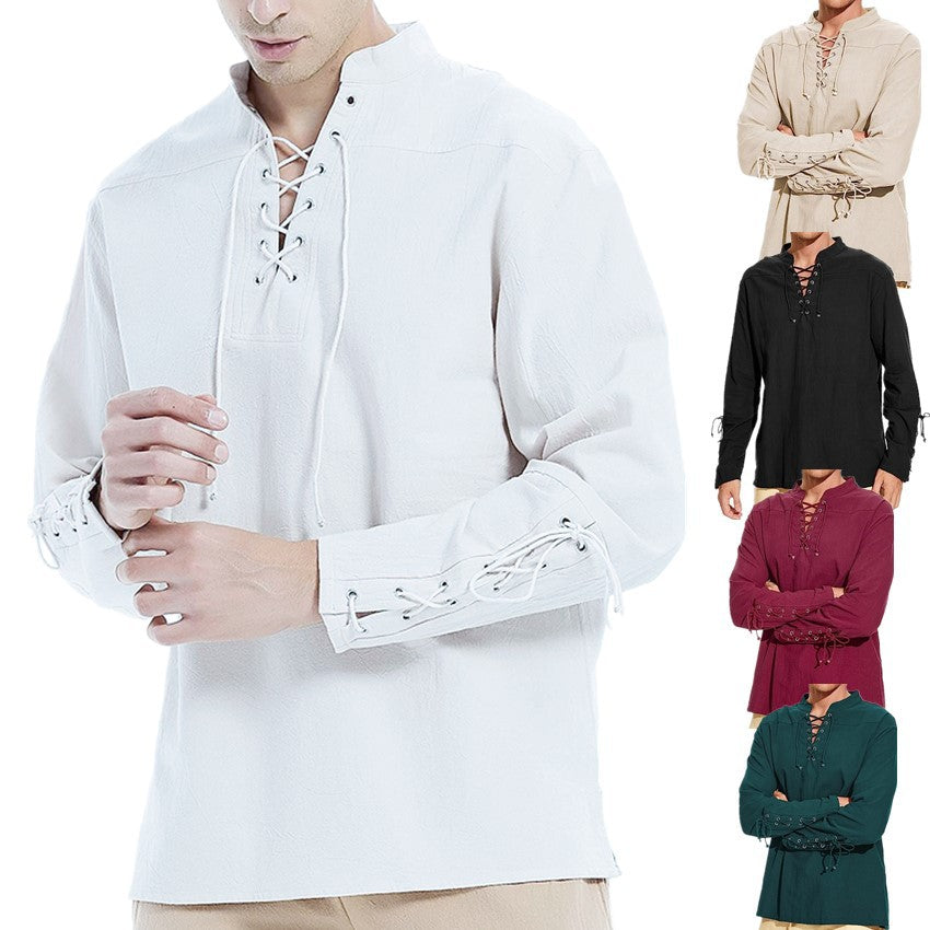 Men's linen shirt with original lacing design and casual stand-up collar Lisslune