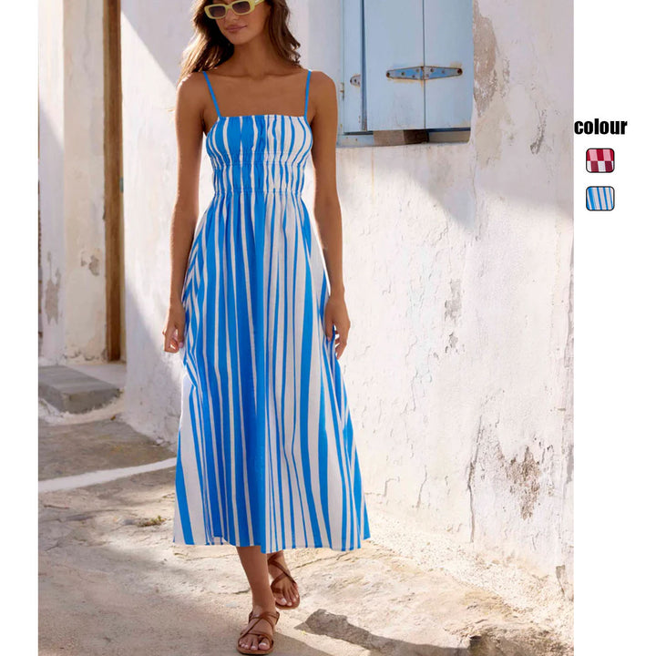 Women's summer maxi dress with narrow straps and sophisticated striped pattern Lune London