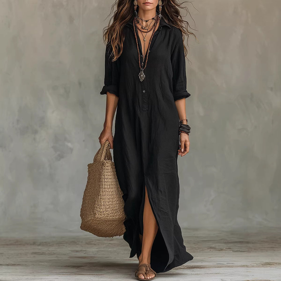 Women's Long Shirt Dress with Button Closure and Side Slit Lisslune