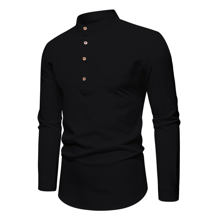 Men's Long Sleeve Henley Shirt with Modern Stand-up Collar and Decorative Buttons Lisslune