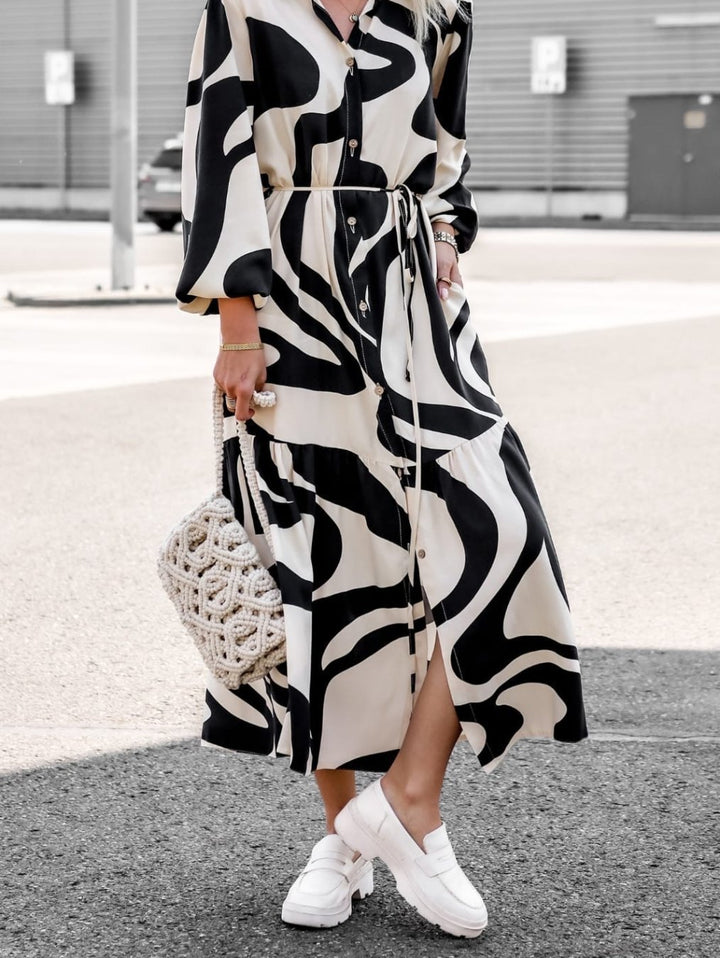 Women's Long Sleeve Dress with Sophisticated Graphic Design and Elegant Waist Belt Lisslune