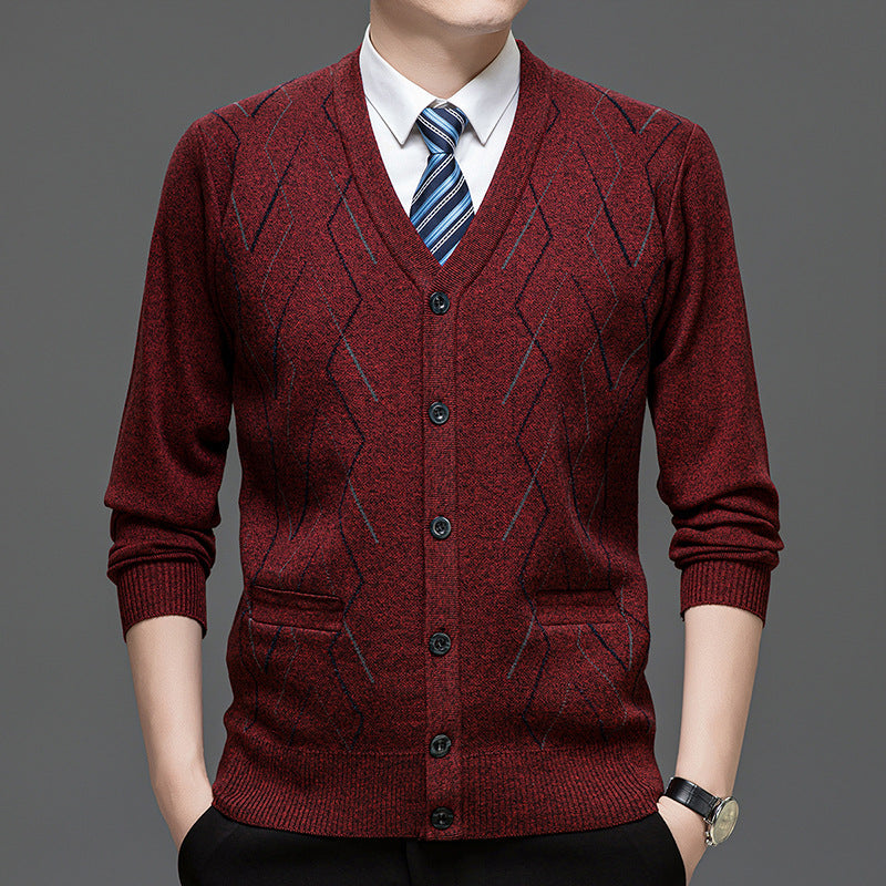 Men's Cardigan with Deep V-Neck and Elegant Diamond Pattern Lisslune