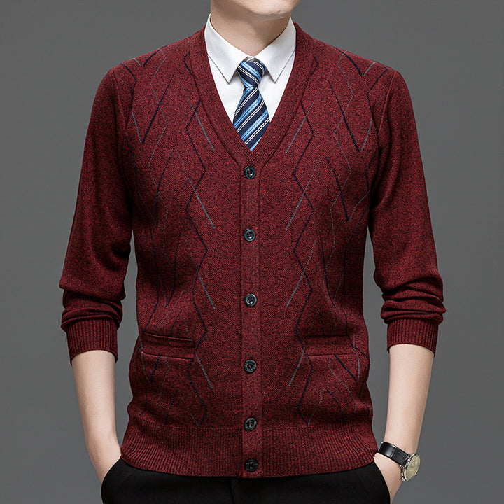 Men's Cardigan with Deep V-Neck and Elegant Diamond Pattern Lisslune
