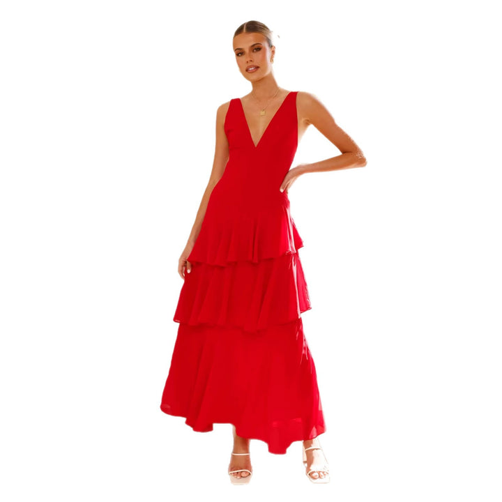 Women's maxi dress with seductive ruffle layers and deep V-neck