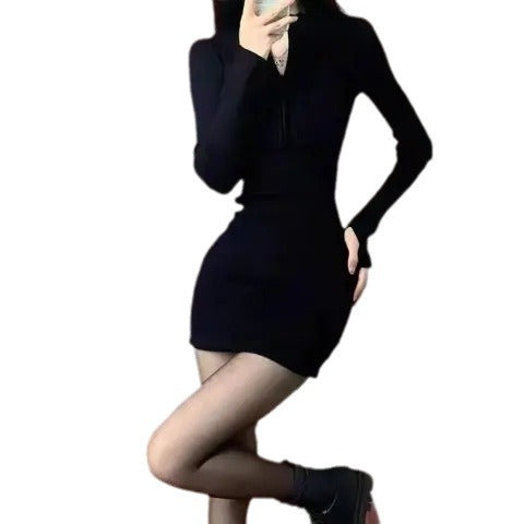 Ladies fitted mini dress with modern zipper and ribbed texture Lisslune
