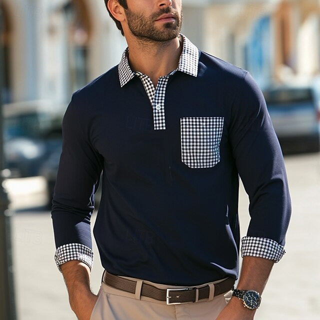 Men's long-sleeve shirt with checked collar and practical breast pocket Lisslune