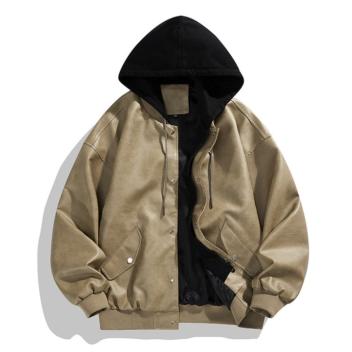 Men's Casual Synthetic Leather Jacket with Hood and Elastic Cuffs Lisslune