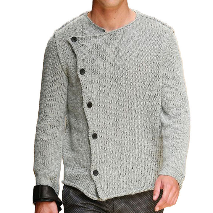 Men's knit sweater with innovative stand-up collar and asymmetrical button placket Lisslune