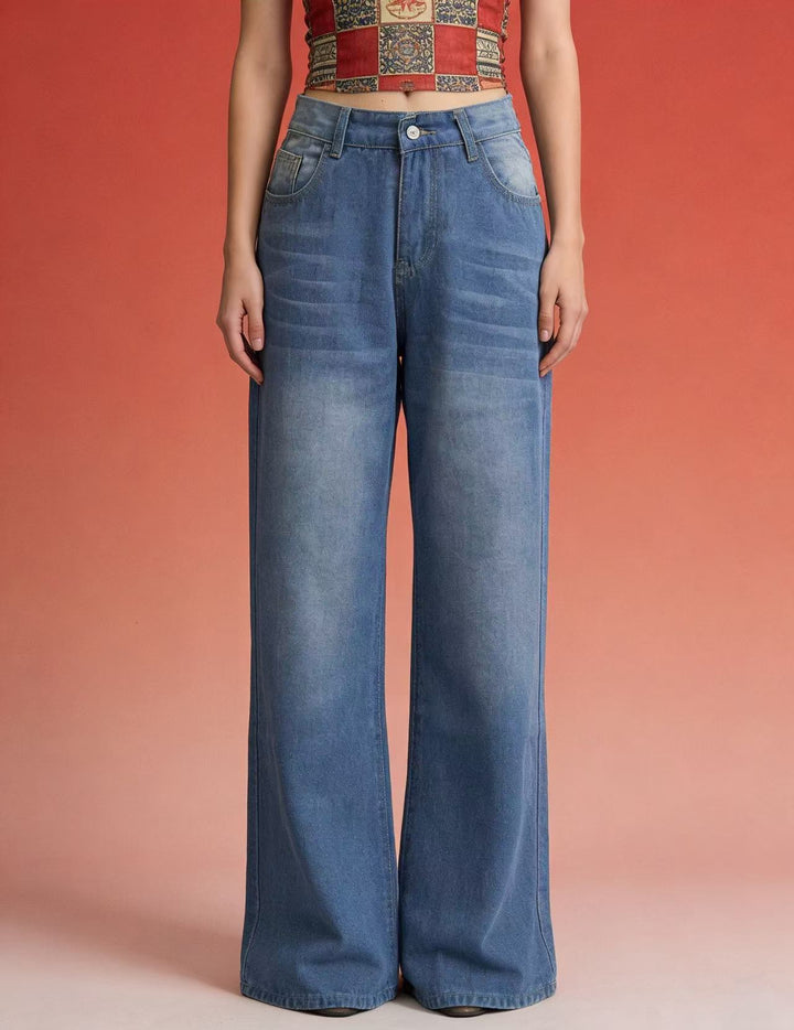 Damen weite Denim-Hose mit Vintage-Waschung und hoch geschnittenem Bund Lisslune