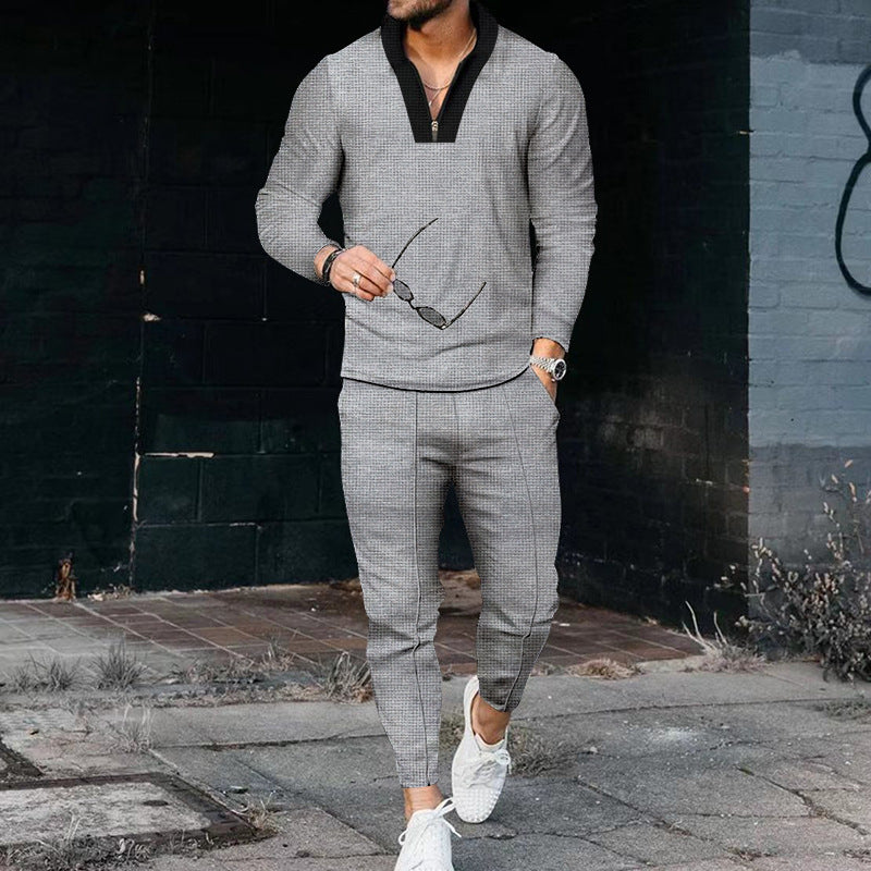 Men's sporty set with modern stand-up collar and fine check pattern Lisslune