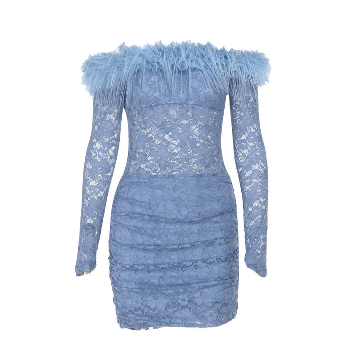 Women's Off-Shoulder Lace Dress with Ruffle Details and Figure-Flattering Cut