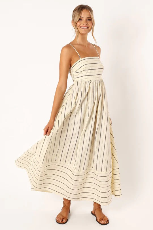 Women’s maxi dress with narrow spaghetti straps and elegant horizontal stripes Lune London
