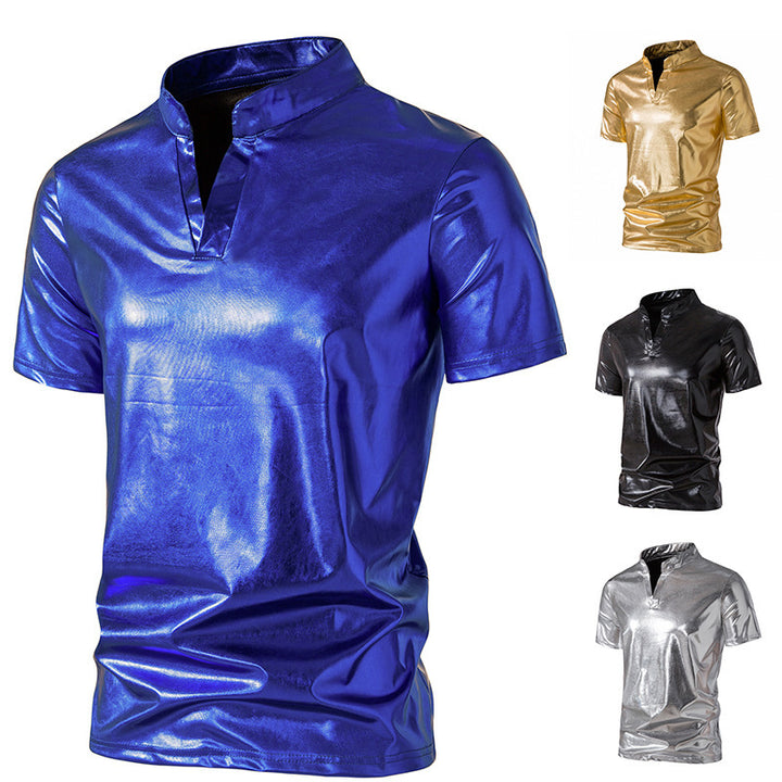 Men's shiny short-sleeve shirt in modern stand-up collar design Lisslune