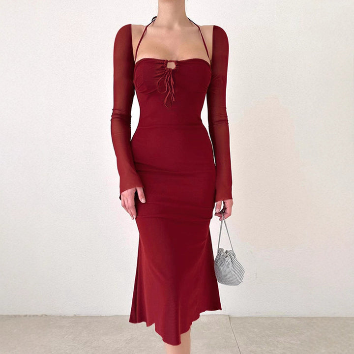Ladies fitted elegant dress with long sleeves and sophisticated neckline