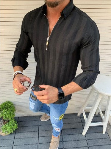 Men's long sleeve shirt with modern zipper and fine stripe pattern Lisslune