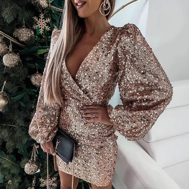 Women Glittering Minidress with Balloon Sleeves and Wrap Look
