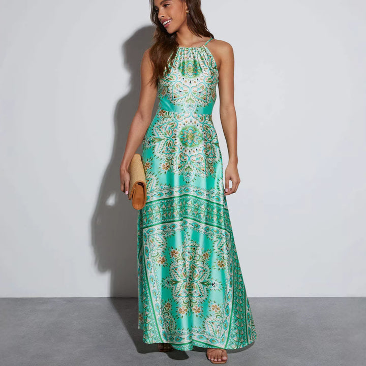 Women's maxi dress with playful floral design and flared skirt
