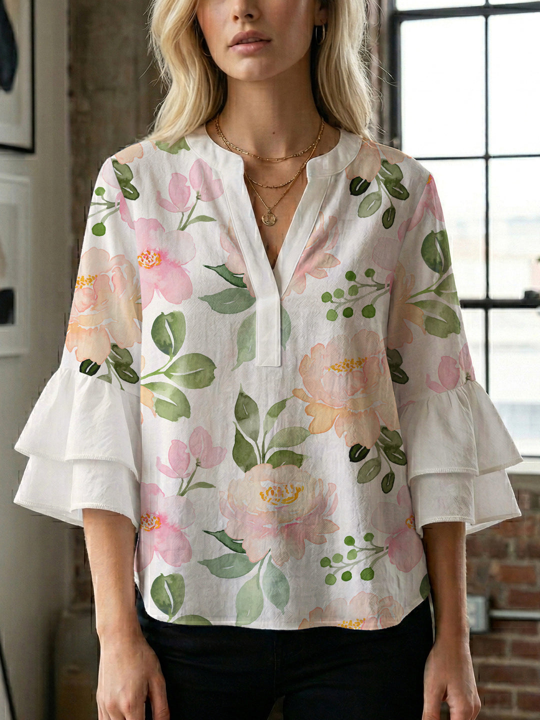 Ladies elegant blouse shirt with voluminous puff sleeves and graphic floral design Lisslune