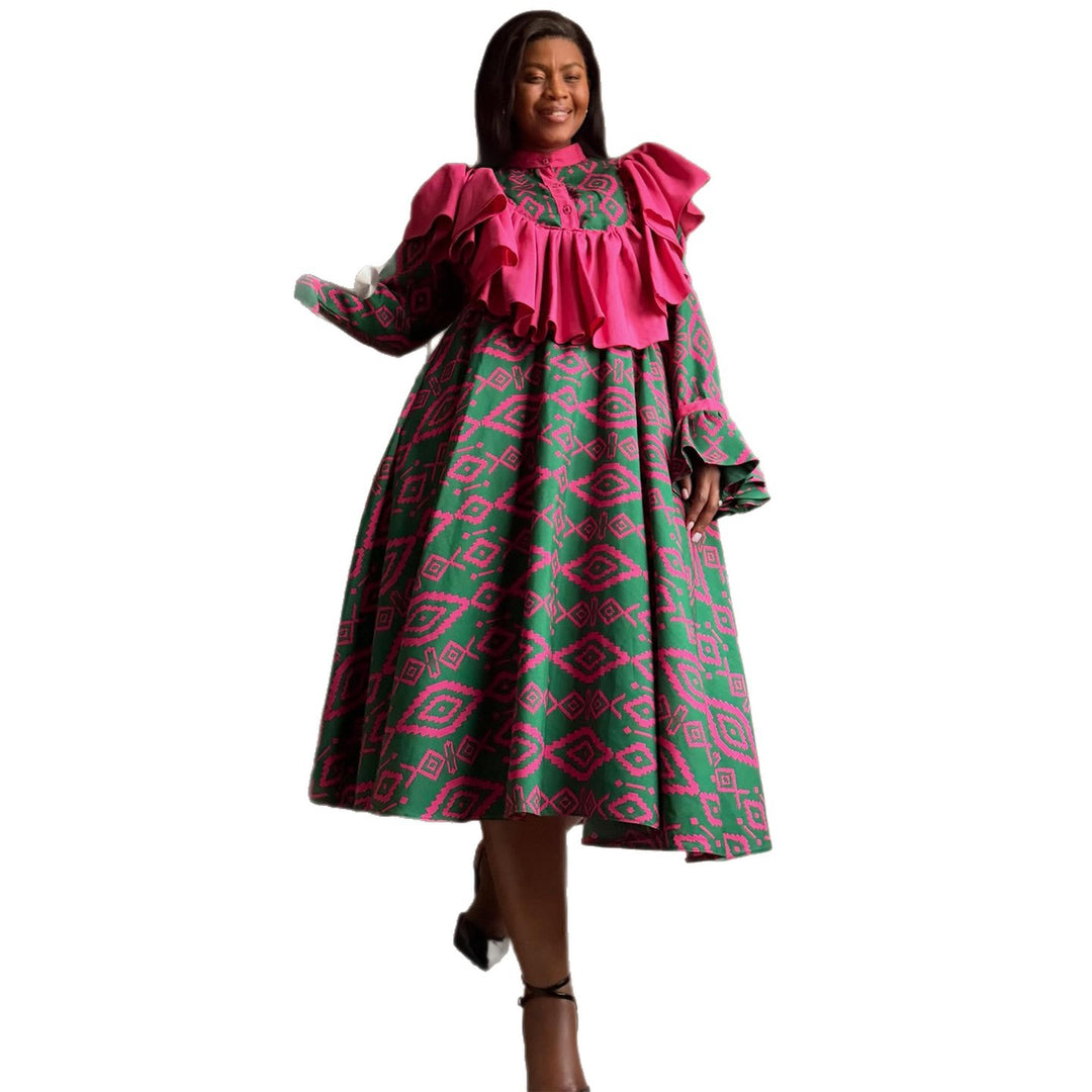 Ladies maxi dress with unusual ruffle design and geometric pattern Lisslune