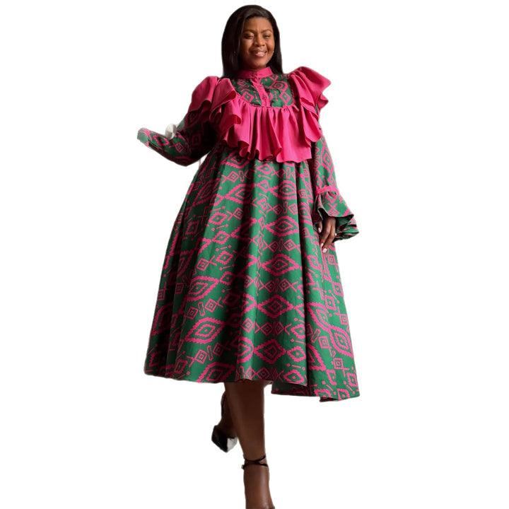 Ladies maxi dress with unusual ruffle design and geometric pattern Lisslune