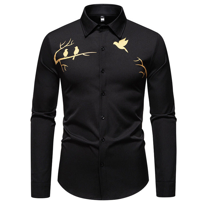 Men's Long Sleeve Shirt with Artistic Bird Motif Lisslune