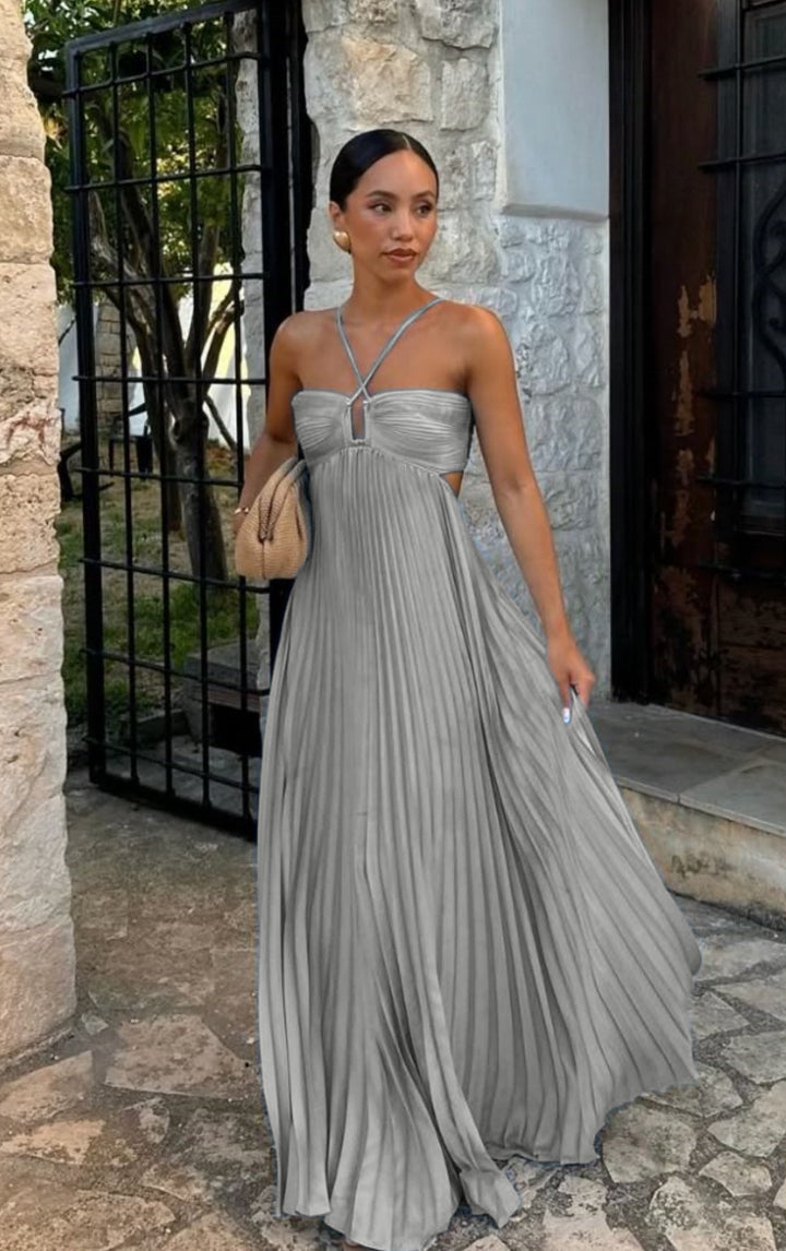 Women's pleated dress with off-the-shoulder design and refined strap details