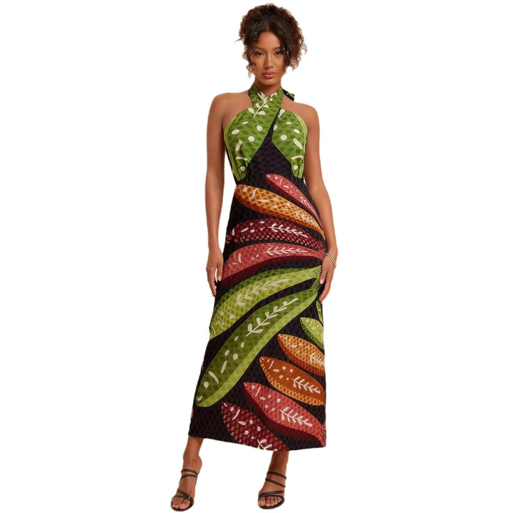 Ladies Halterneck Maxi Dress with Colorful Leaf Design and Flared Cut