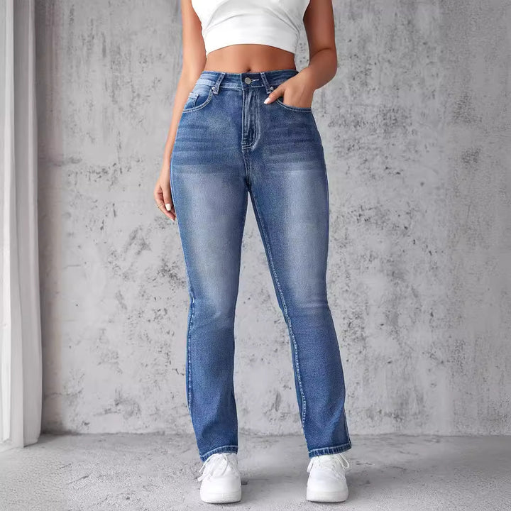Women High-Waist Stretch Jeans with Cut Hem Lisslune