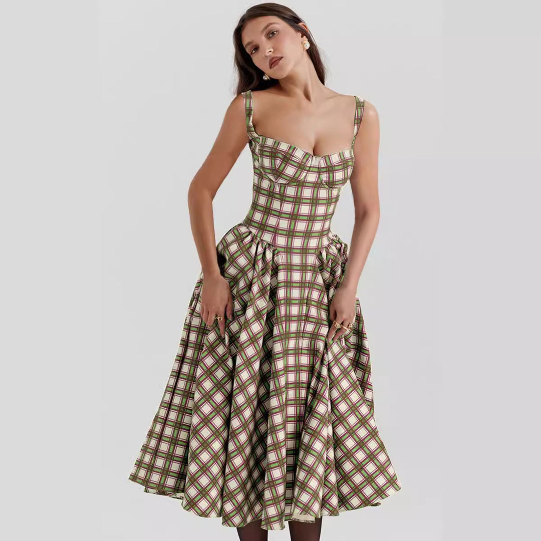 Women's midi dress in check pattern with textured bodice and voluminous skirt Lisslune