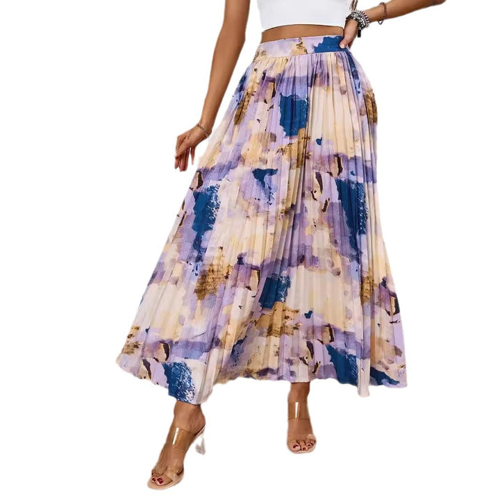 Women's pleated skirt with colorful watercolor pattern and elegant waist Lisslune