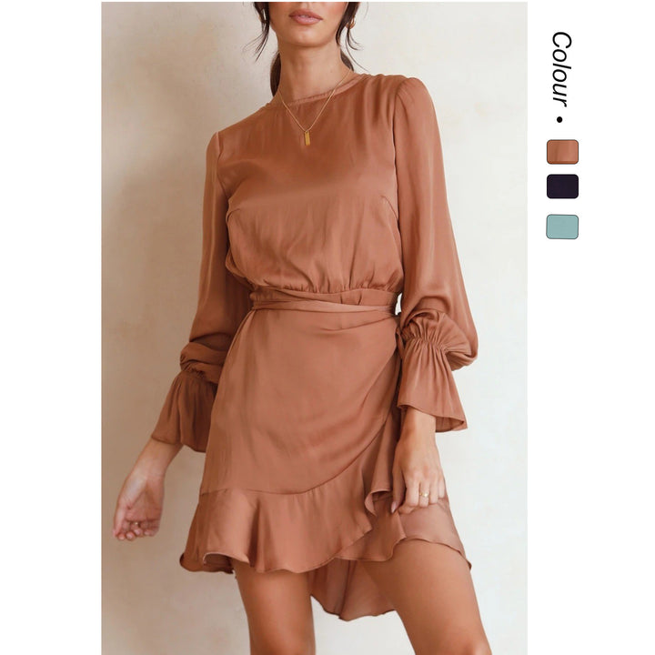 Women's wrap dress with swinging ruffle sleeves and elegant waist tie Lune London