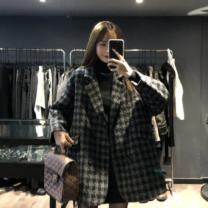 Women Oversized Check Coat with Double Button Placket Lisslune