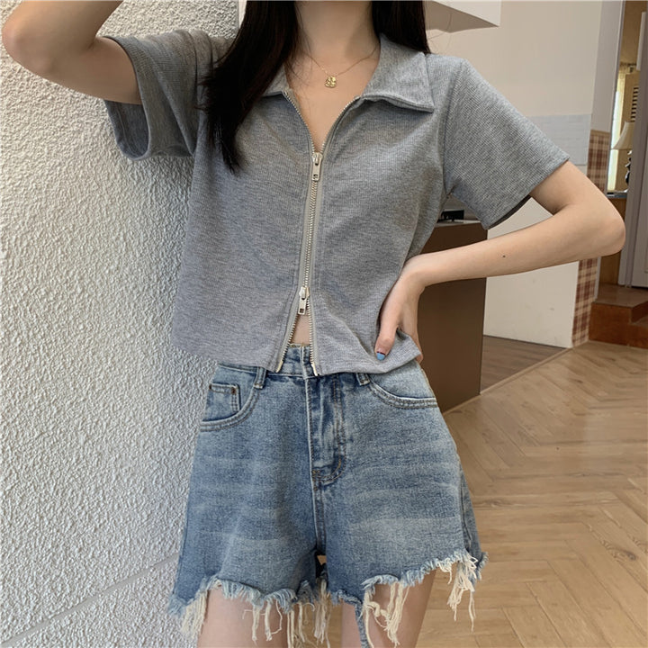 Women Cropped Polo Shirt with Zipper and Textured Finish Lisslune