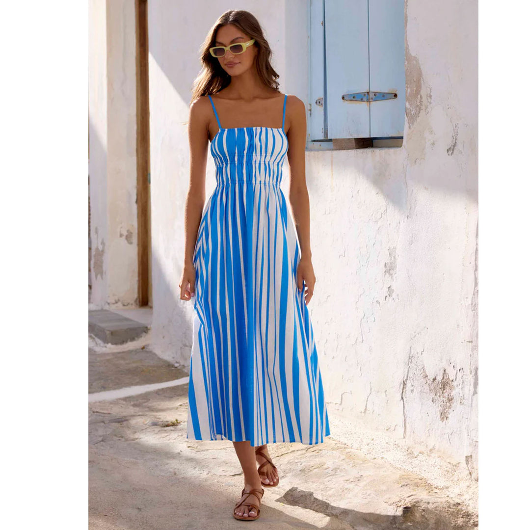 Women's summer maxi dress with narrow straps and sophisticated striped pattern Lune London