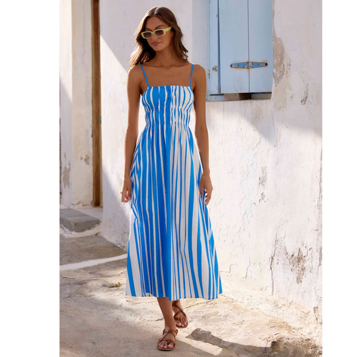 Women's summer maxi dress with narrow straps and sophisticated striped pattern Lune London