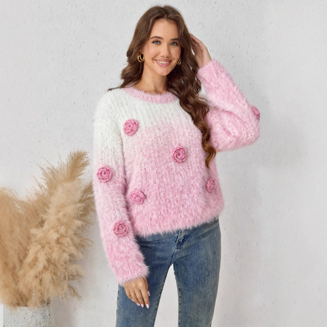Women's Fluffy Knit Sweater with Floral Design Lisslune