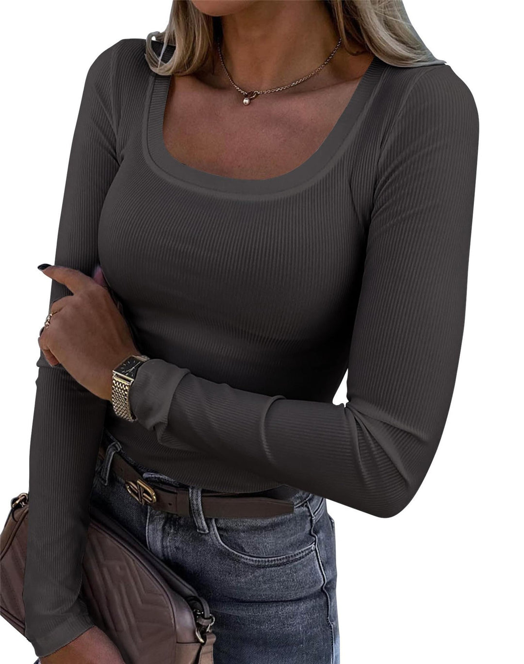 Women’s Long Sleeve Ribbed T-Shirt with Elegant Boat Neck Lisslune