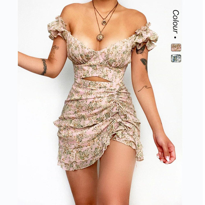 Ladies mini dress with off-the-shoulder design and floral ruffled hem Lune London
