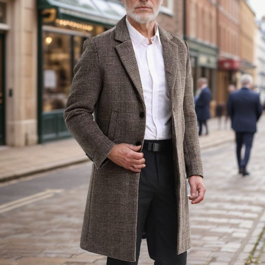 Men's Long Cut Wool Coat with Check Pattern Lisslune